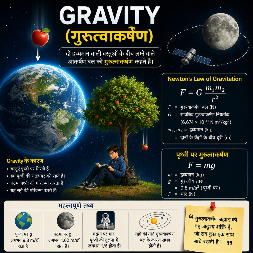 Gravity और गुरुत्वाकर्षण बल का Physics illustration